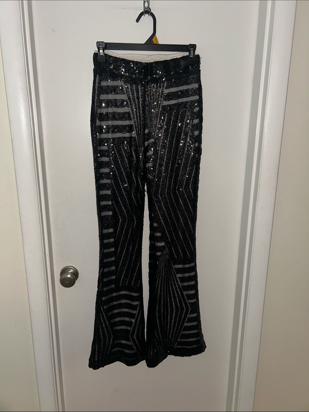 Black Sequined Geometric Flare Pants